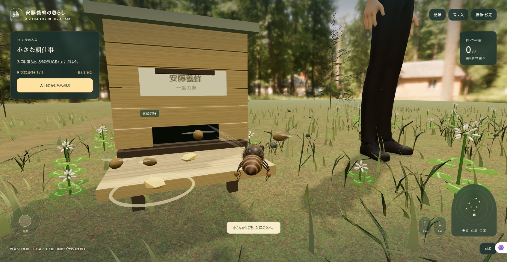 蜂の目線で養蜂場を飛ぶゲーム画面