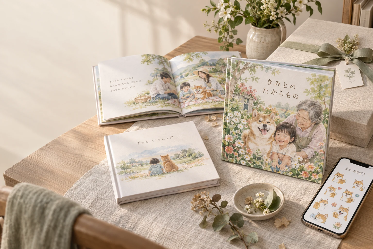 家族と柴犬の物語を描いた絵本、ギフト箱、スマートフォンに並ぶスタンプの仕上がりイメージ