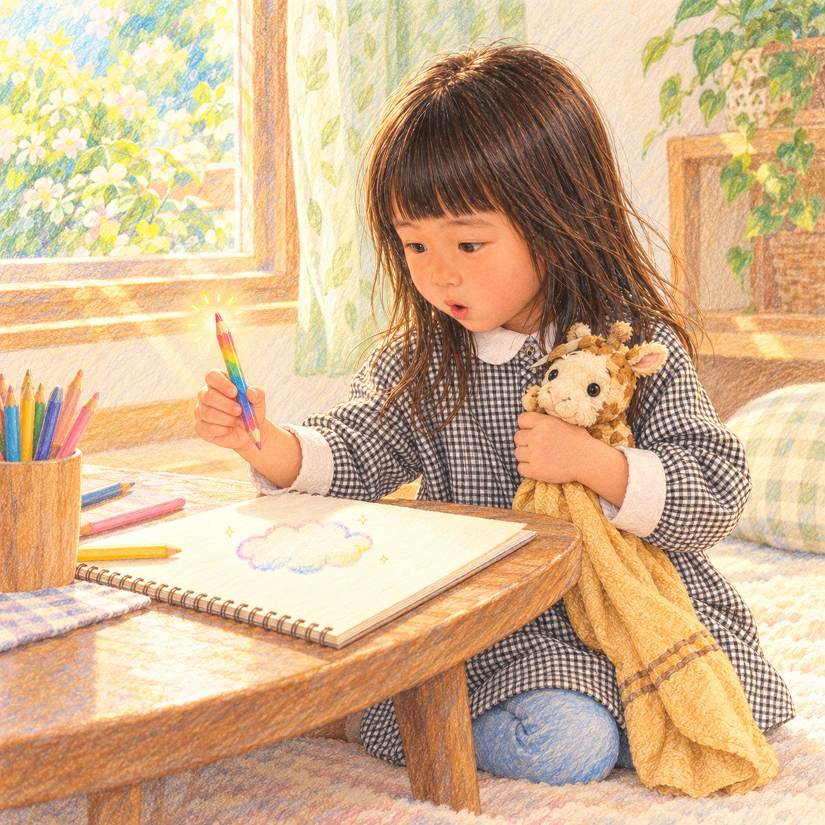 窓辺で色鉛筆の先を見つめ、驚く主人公のイラスト