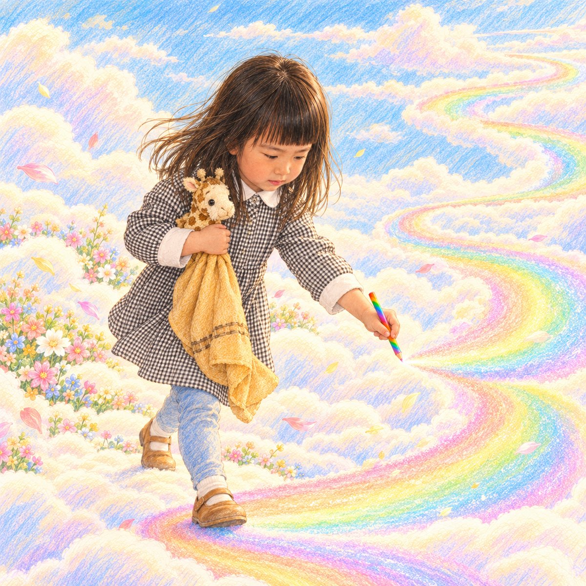 雲の上で虹の道を描く主人公のイラスト