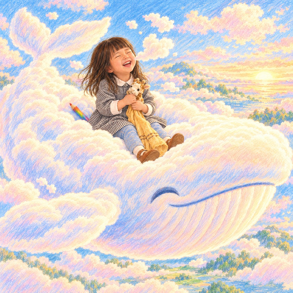 雲のくじらに乗って笑う主人公のイラスト