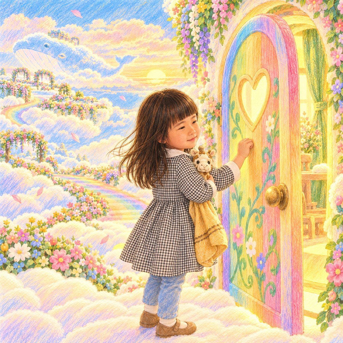 空に描いたおうちの扉をたたく主人公のイラスト
